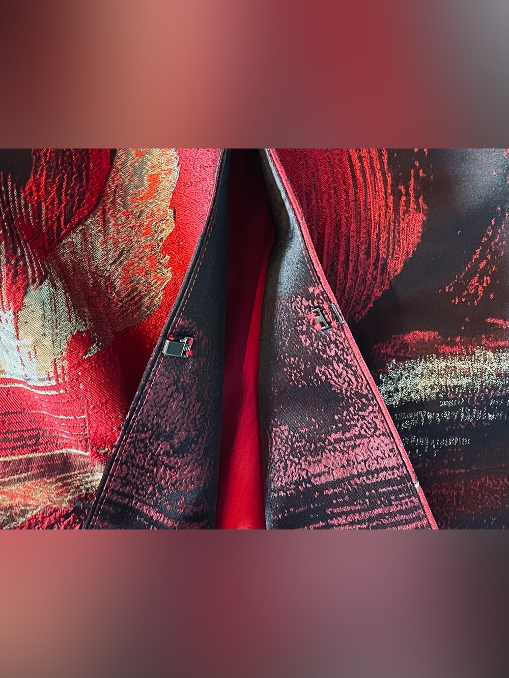 NWT Ming Wang Red Black Gold Brushstroke Jacquard Ruffle Collar Jacket Small - Picture 10 of 14
